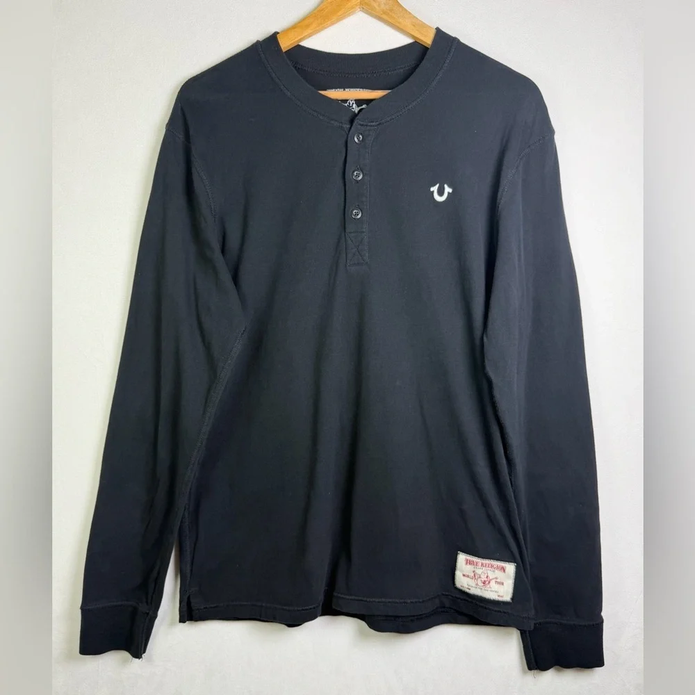 True Religion Men’s Long Sleeve Henley Shirt Black Horseshoe Logo Y2K L